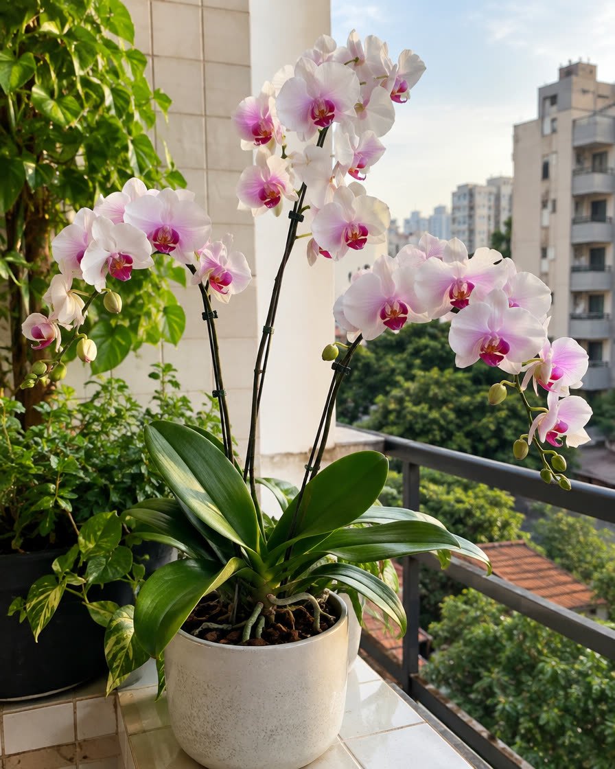 Orquídea florida na varanda